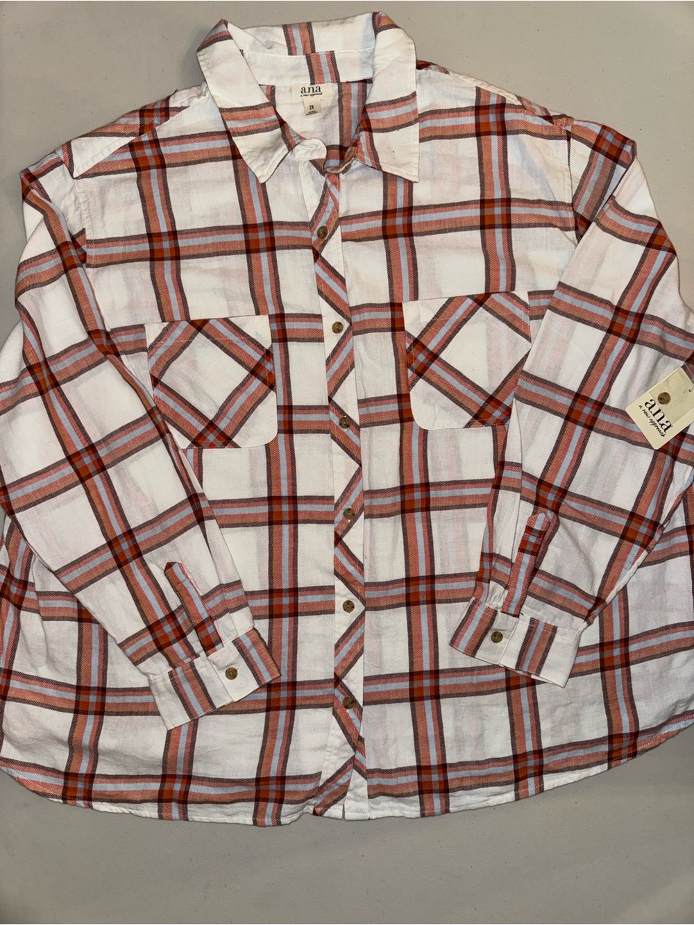 a.n.a White Plaid Button-Down Shirt with Rust and Light Blue Stripes